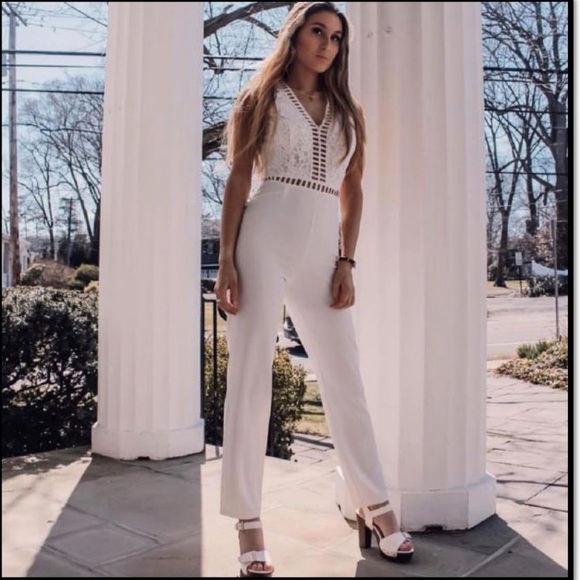 LACE CUTOUT DRESSY JUMPSUIT- WHITE - Picture 1 of 3